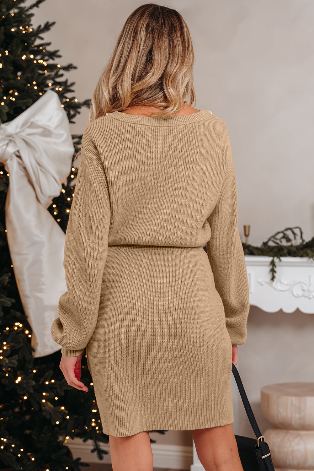 Pearl Embellished Keyhole Ribbed Sweater Dress