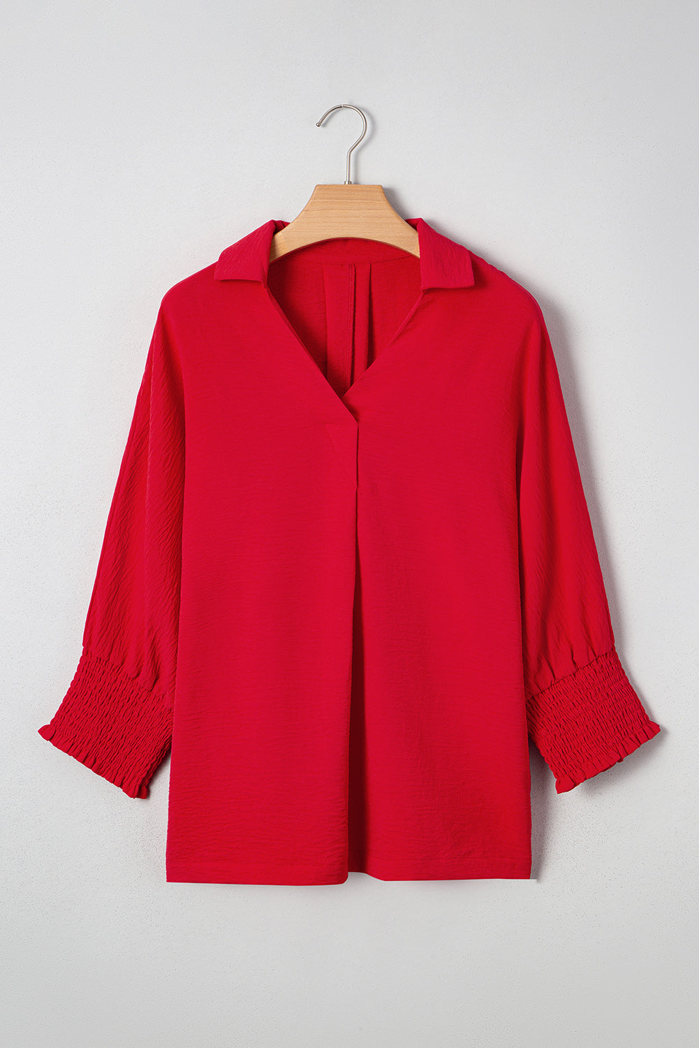 Women's Red Collared V-Neck Smocked 3/4 Sleeve Tunic Blouse - Image 6