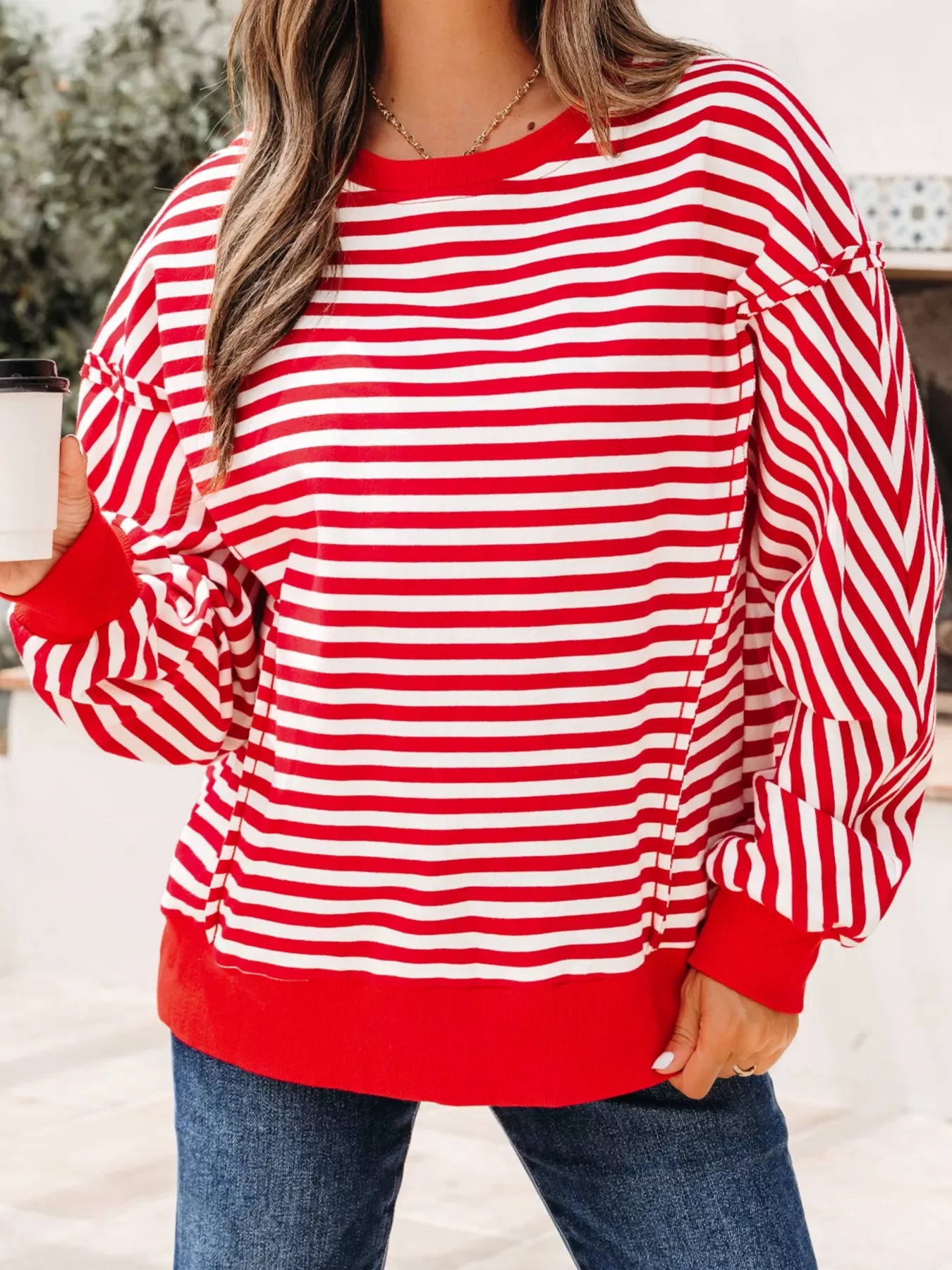 Stripe Exposed Seam Drop Shoulder Casual Top