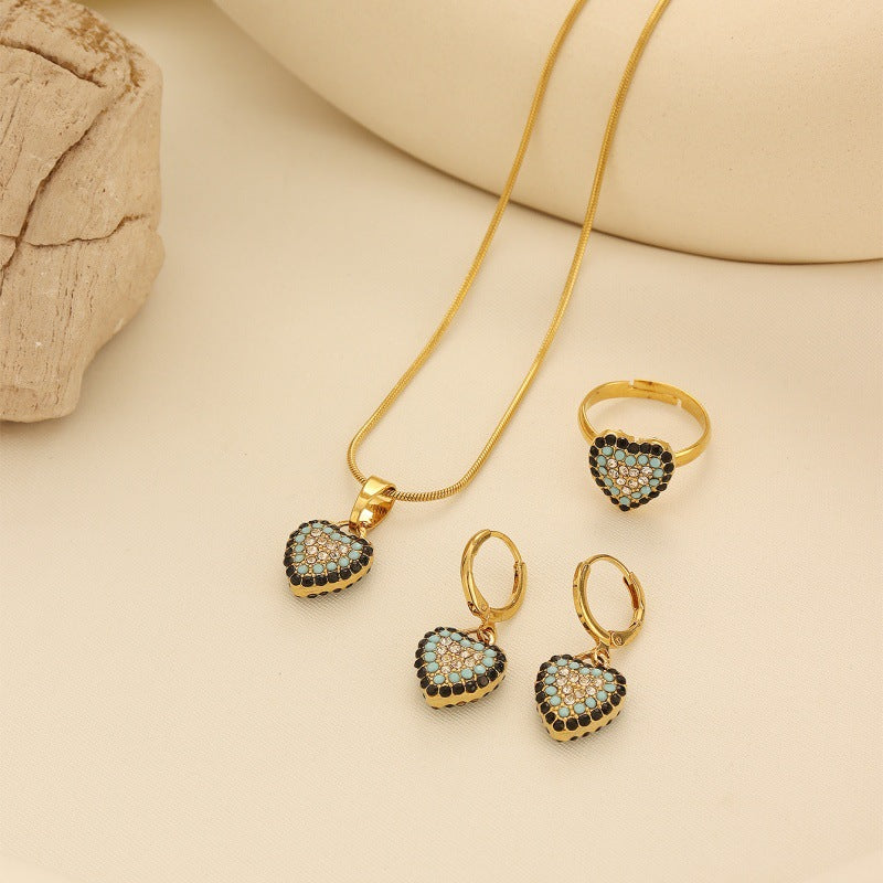 Crystal Heart Evil Eye Jewelry Set in Gold-Tone