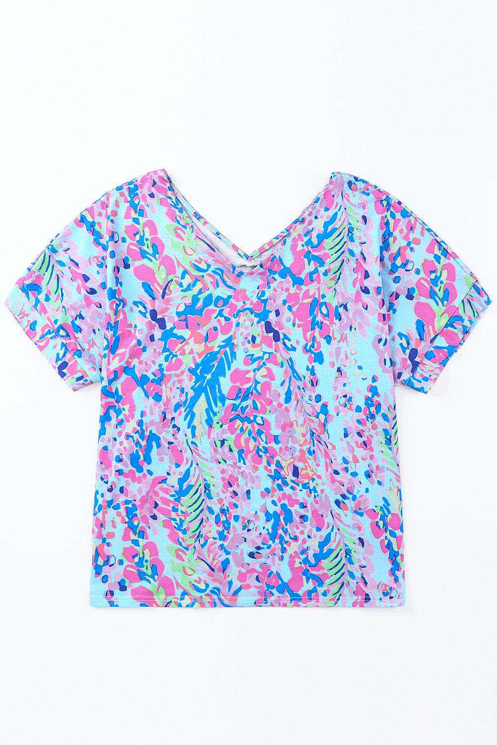 Pastel Blue Abstract Floral Print V-Neck Short Sleeve T-Shirt