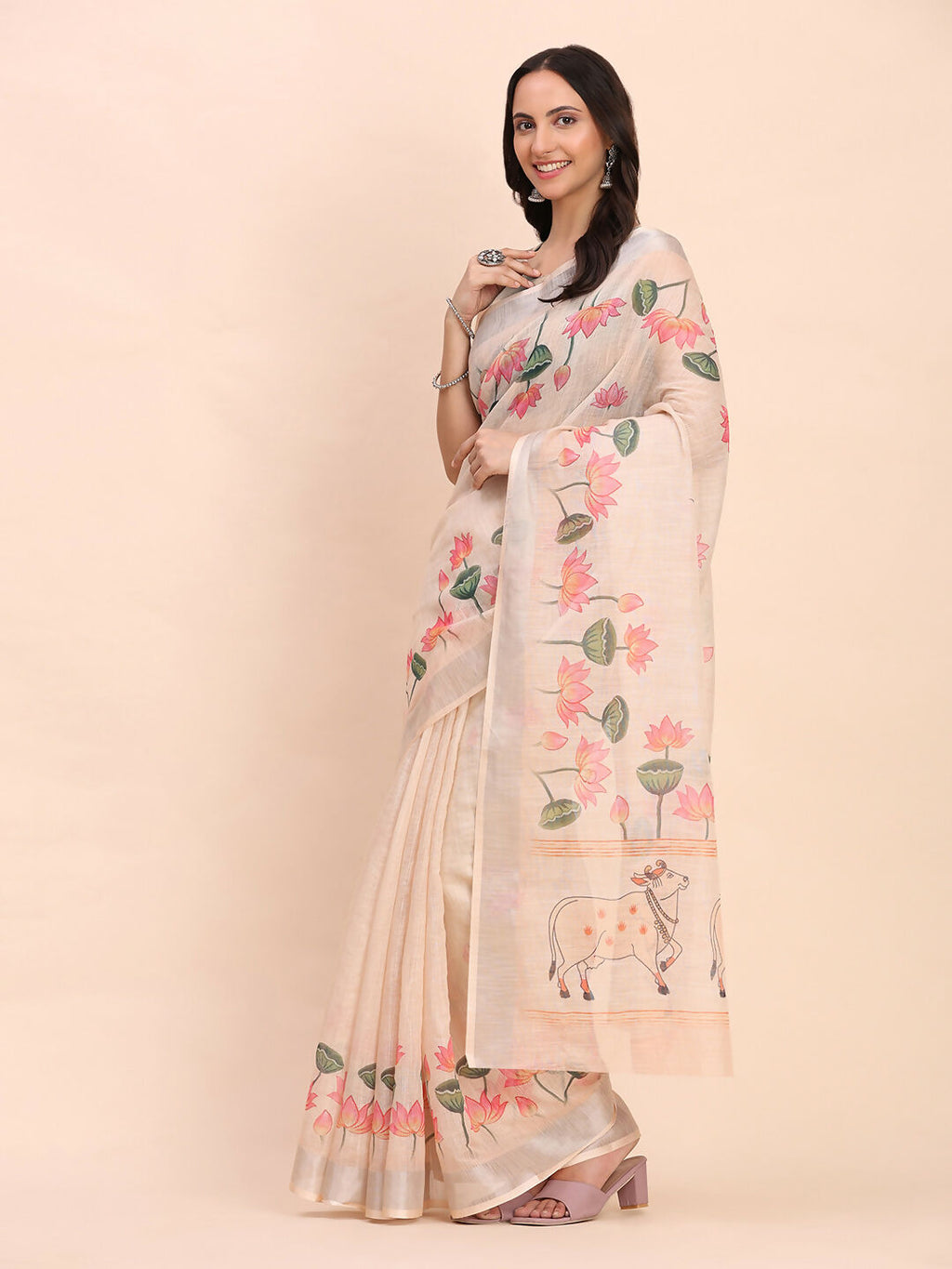 Peach Linen Cotton Saree with Matching Blouse Piece