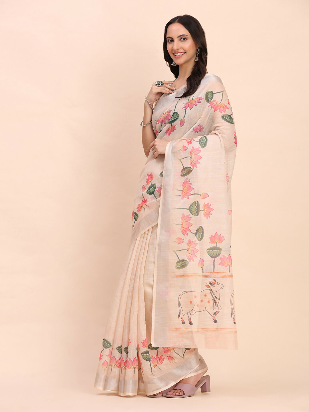 Peach Linen Cotton Saree with Matching Blouse Piece