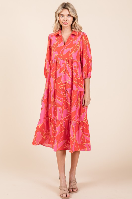 Summer Tiered Printed Collared Midi Dress with Feminine Flair