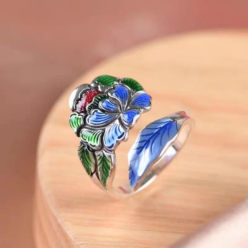 Vintage Thai Silver Tone Alloy Open Ring For Women, Enamel Peony Lotus Flower Ethnic Style Adjustable Finger Jewelry