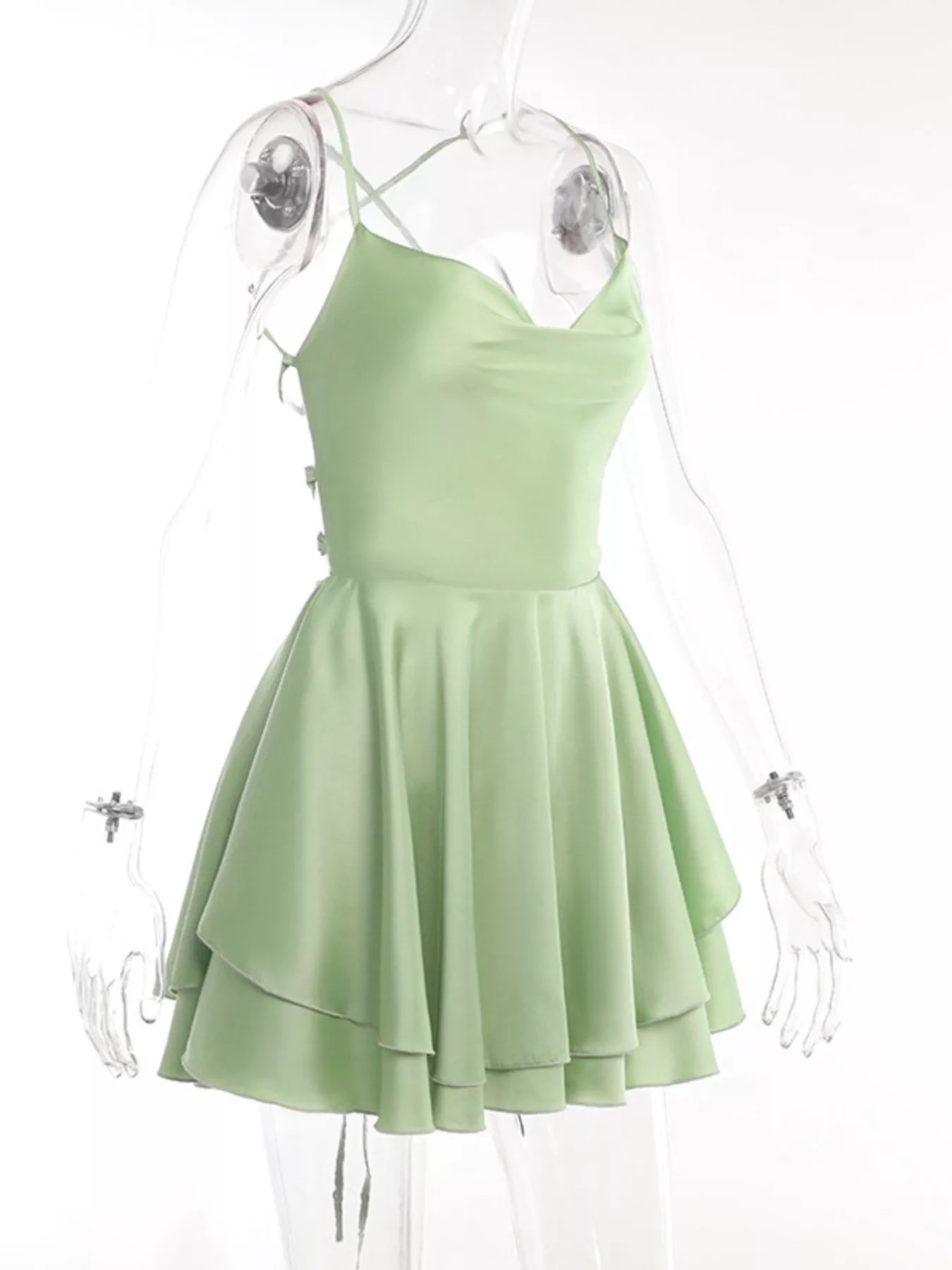 Backless Layered Ruffled Cami Mini Dress - Olive Green