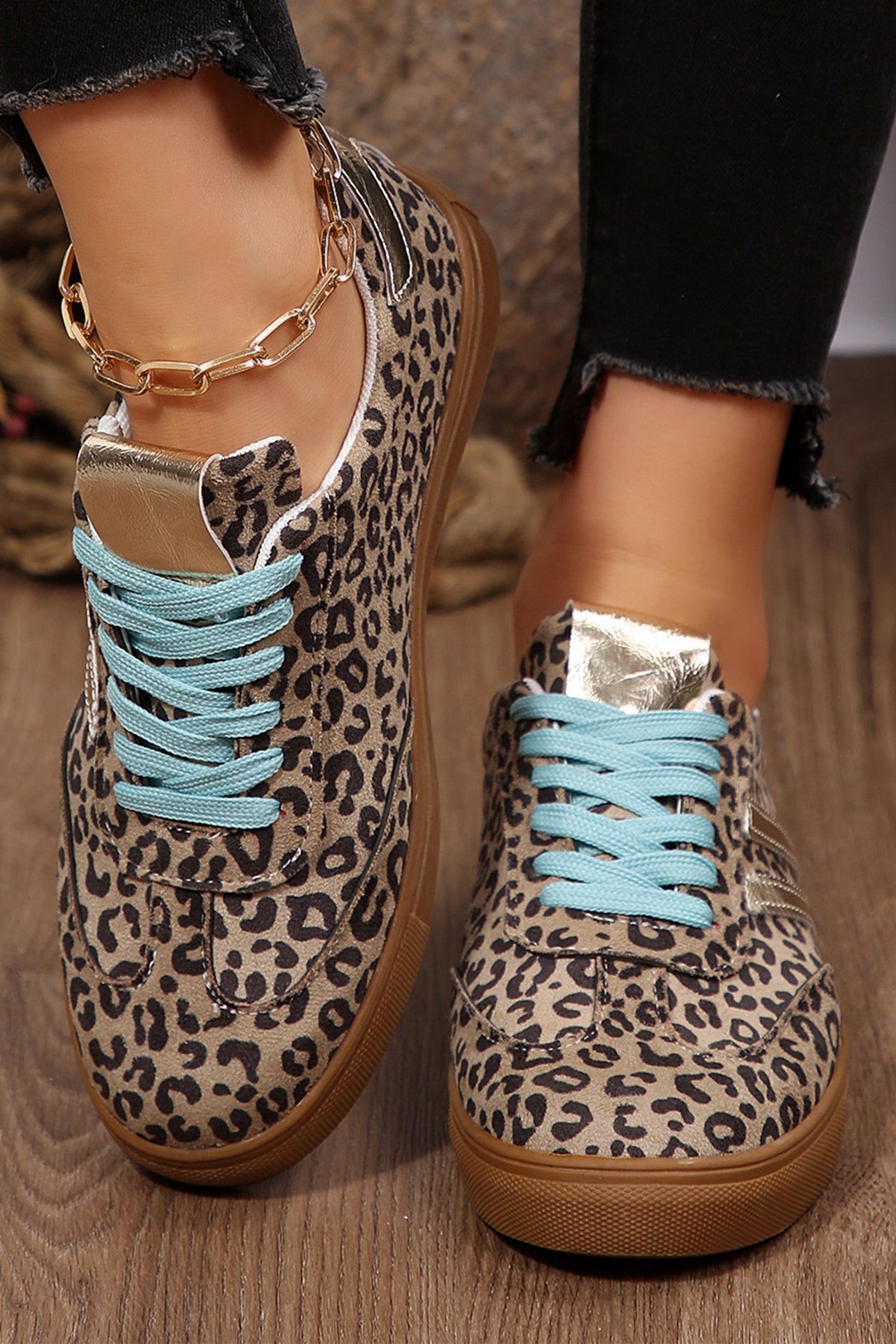 Coffee Faux Suede Leopard Print Sleek PU Leather Detail Lace Up Sneakers