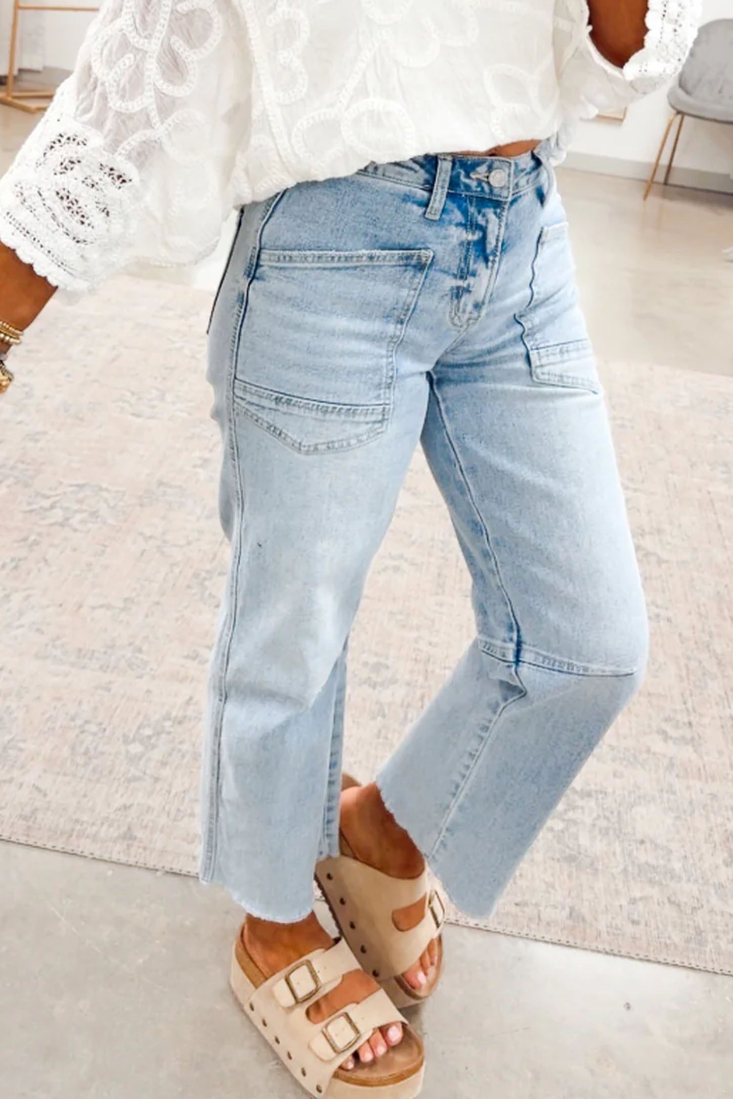 Beau Blue Frayed Cropped Straight Jeans