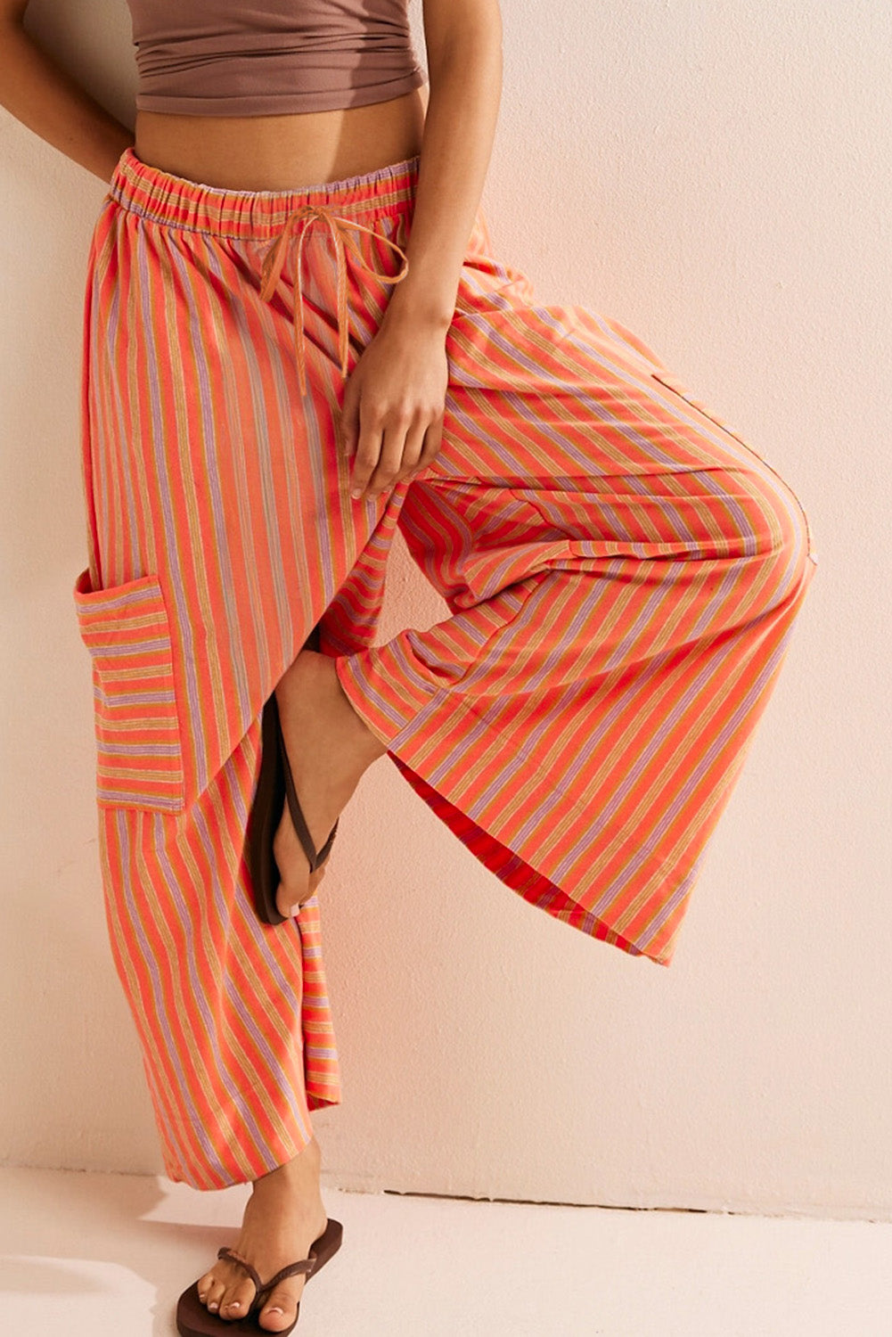 Orange Stripe Cropped Palazzo Pants with Pockets