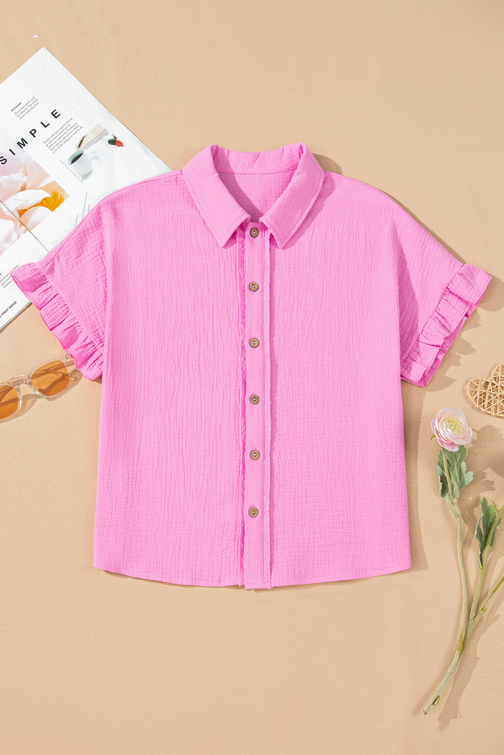 Bonbon Mineral Wash Textured Ruffle Trim Short Sleeve Shirt