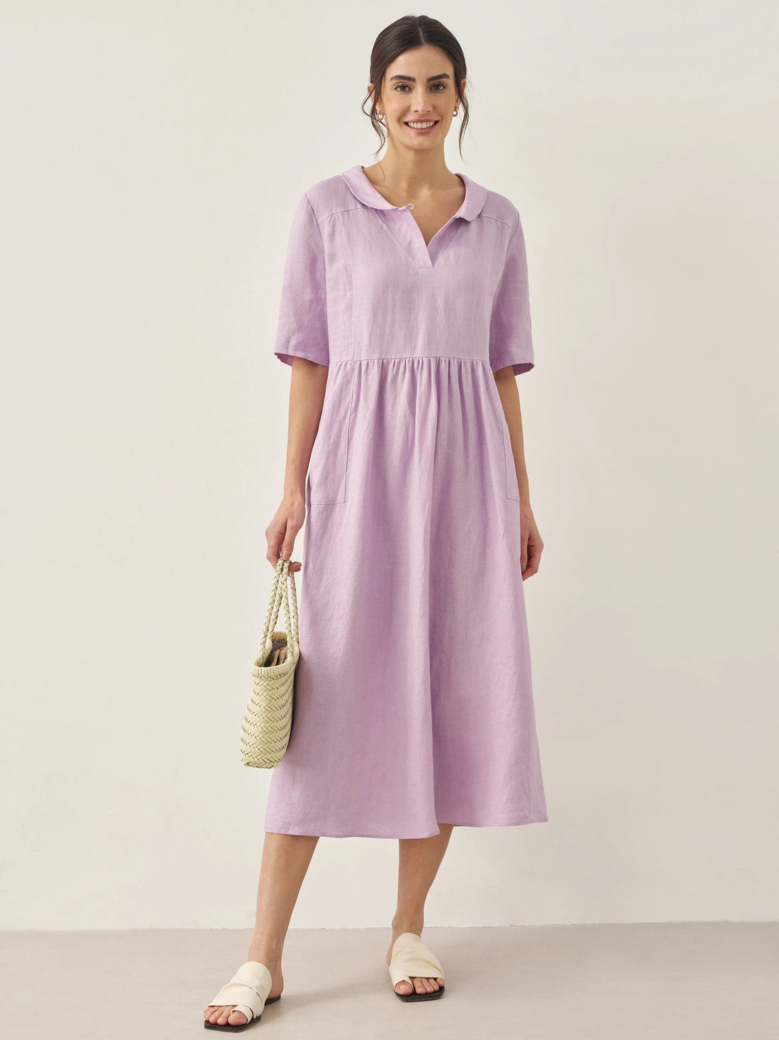 100% Linen Shawl V-Neck Pleated Maxi Dress SUSAN