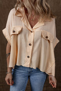 Beige Waffle Splicing Batwing Sleeve Shirt with Flap Detail
