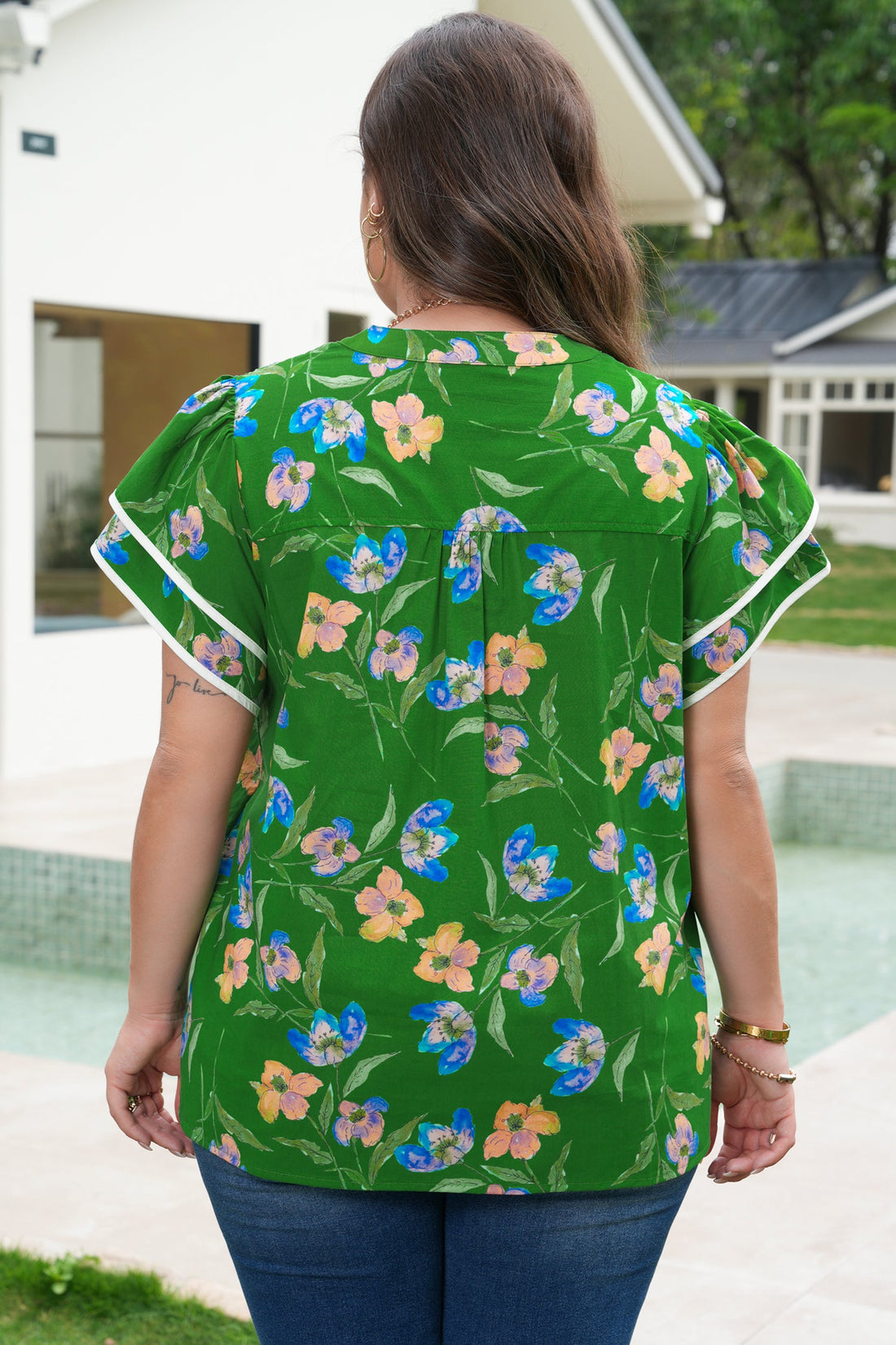 Keilani Short Sleeve Floral Button Down Blouse in Green Blue Orange
