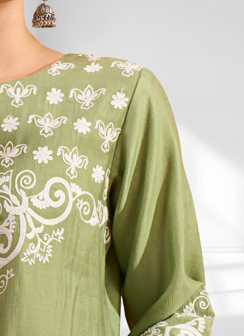 Green Silk Embroidered Readymade Tunic for Festive Occasions