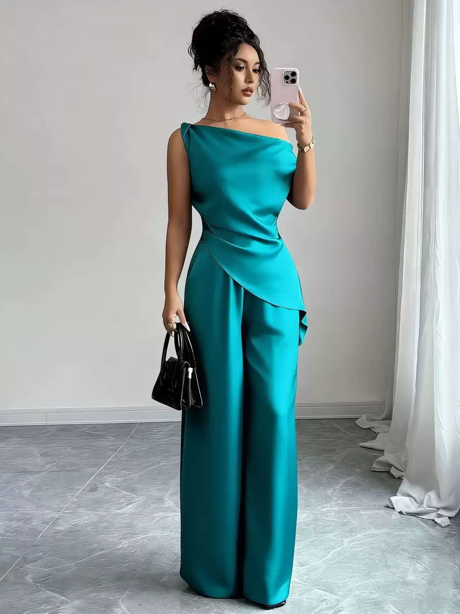 One-Shoulder Asymmetric Top & Wide-Leg Pants 2-Piece Co-ord Set