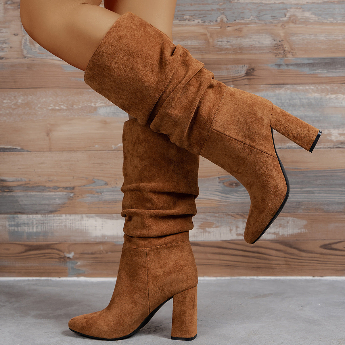 Women's Brown Suede Slip-On High Heel Slouchy Fashion Boots - Image 2