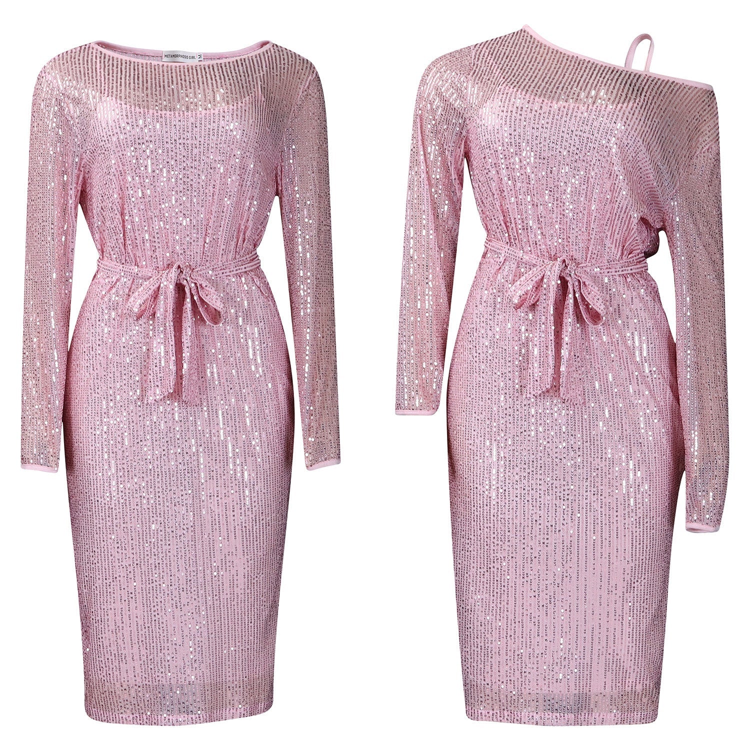 Sequined Round Neck Diagonal Collar Evening Dress Two-Piece Set