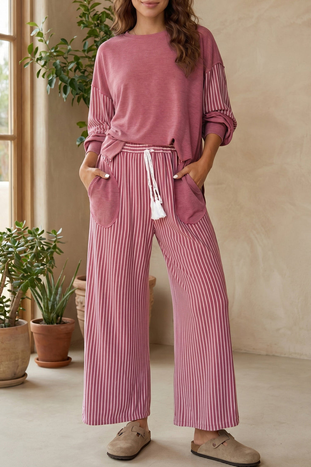 Fushia Raw Seam Patchwork Long Sleeve Top Pocket Casual Pants 2pcs Set