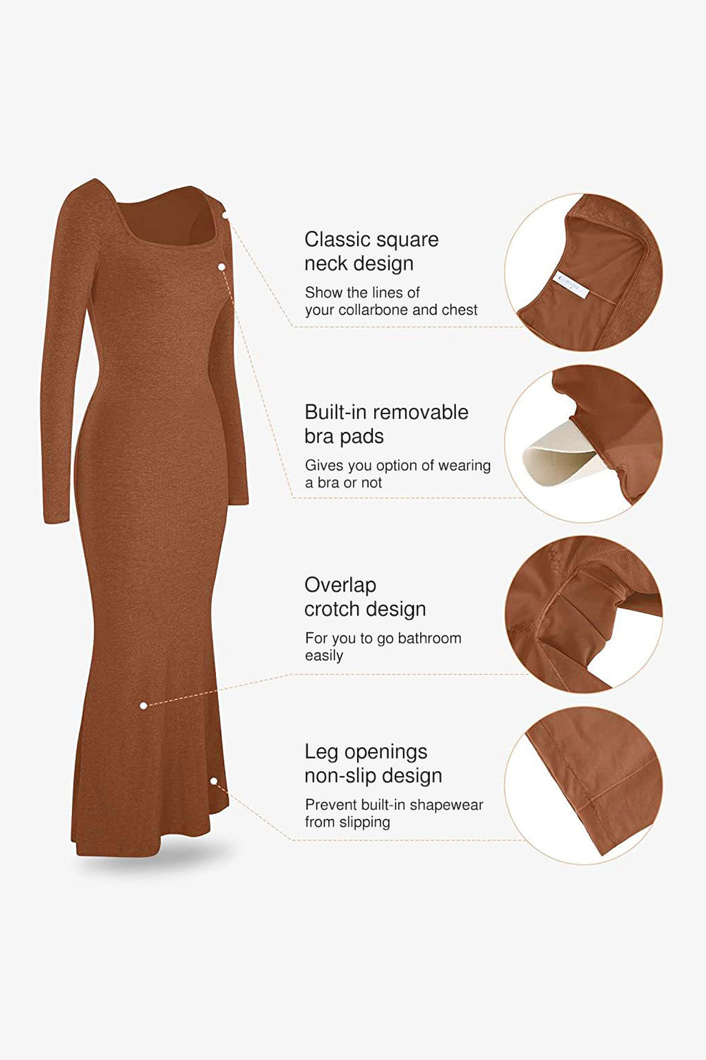 Caramel Square Neck Long Sleeve Maxi Dress with Built-In Shapewear