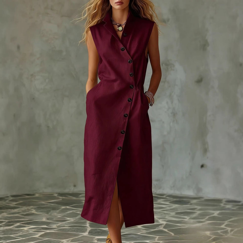 Women's Sleeveless Stand Collar Midi Dress with Button Front - Image 4