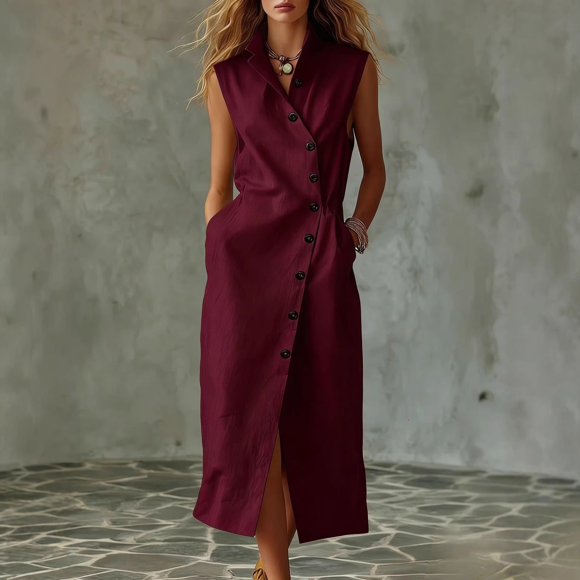 Women's Sleeveless Stand Collar Midi Dress with Button Front - Image 4
