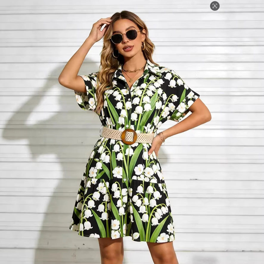 Women’s Short Sleeve Button Down Mini Dress with Woven Belt - Image 3