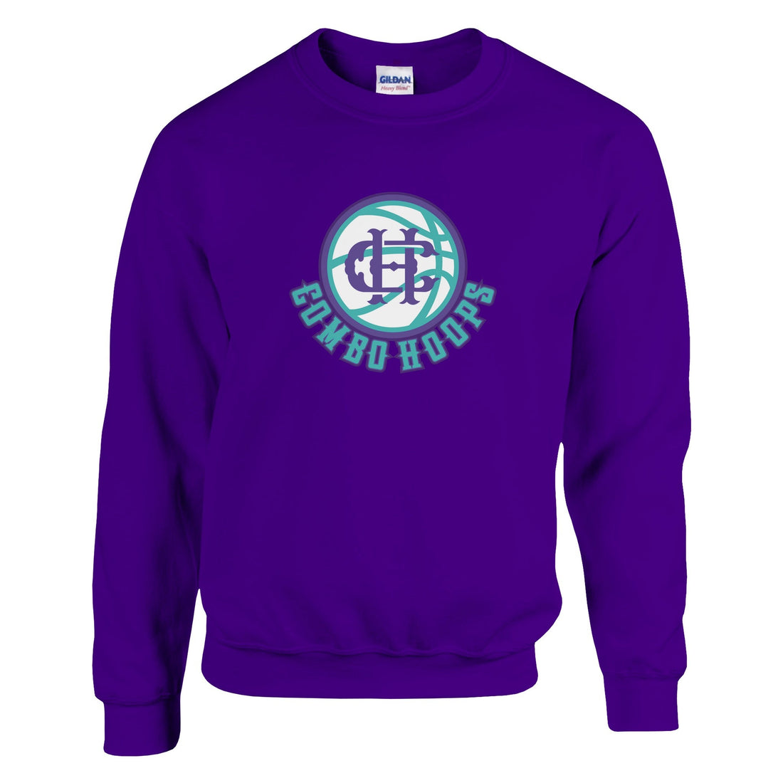 A purple and a white crewneck sweatshirt featuring the Combo Hoops logo on the chest.