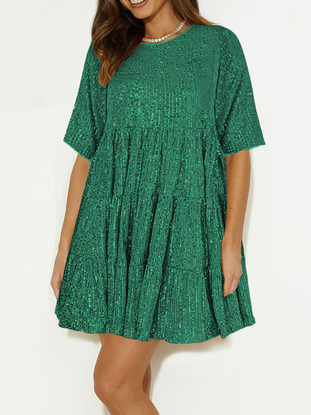 Sequin Round Neck Half Sleeve Mini Dress | Shimmer