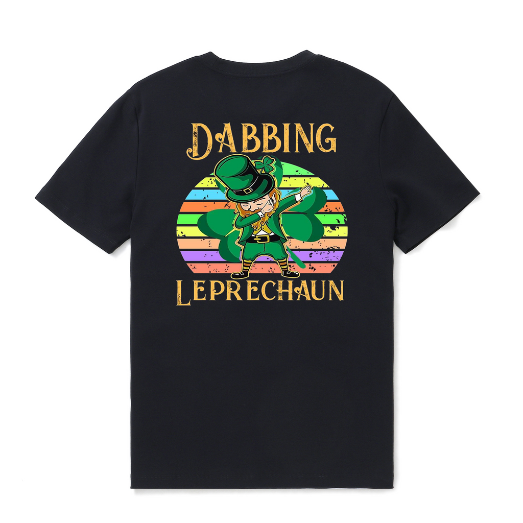 Black crew neck t-shirt featuring a dabbing leprechaun graphic for St. Patrick's Day.