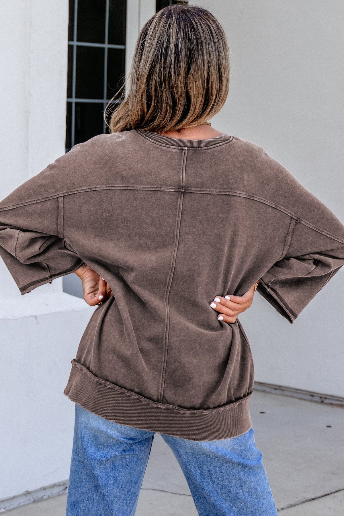 Dark Brown 3/4 Sleeve Mineral Wash Loose Cotton Top
