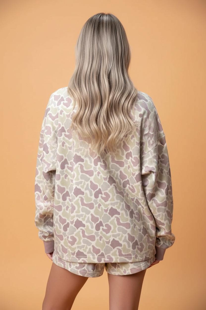 Camo Waffle Knit Long Sleeve Top and High Rise Shorts Loungewear Set