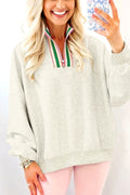 Light Grey Contrast Striped Patchwork Zip Collar Pullover