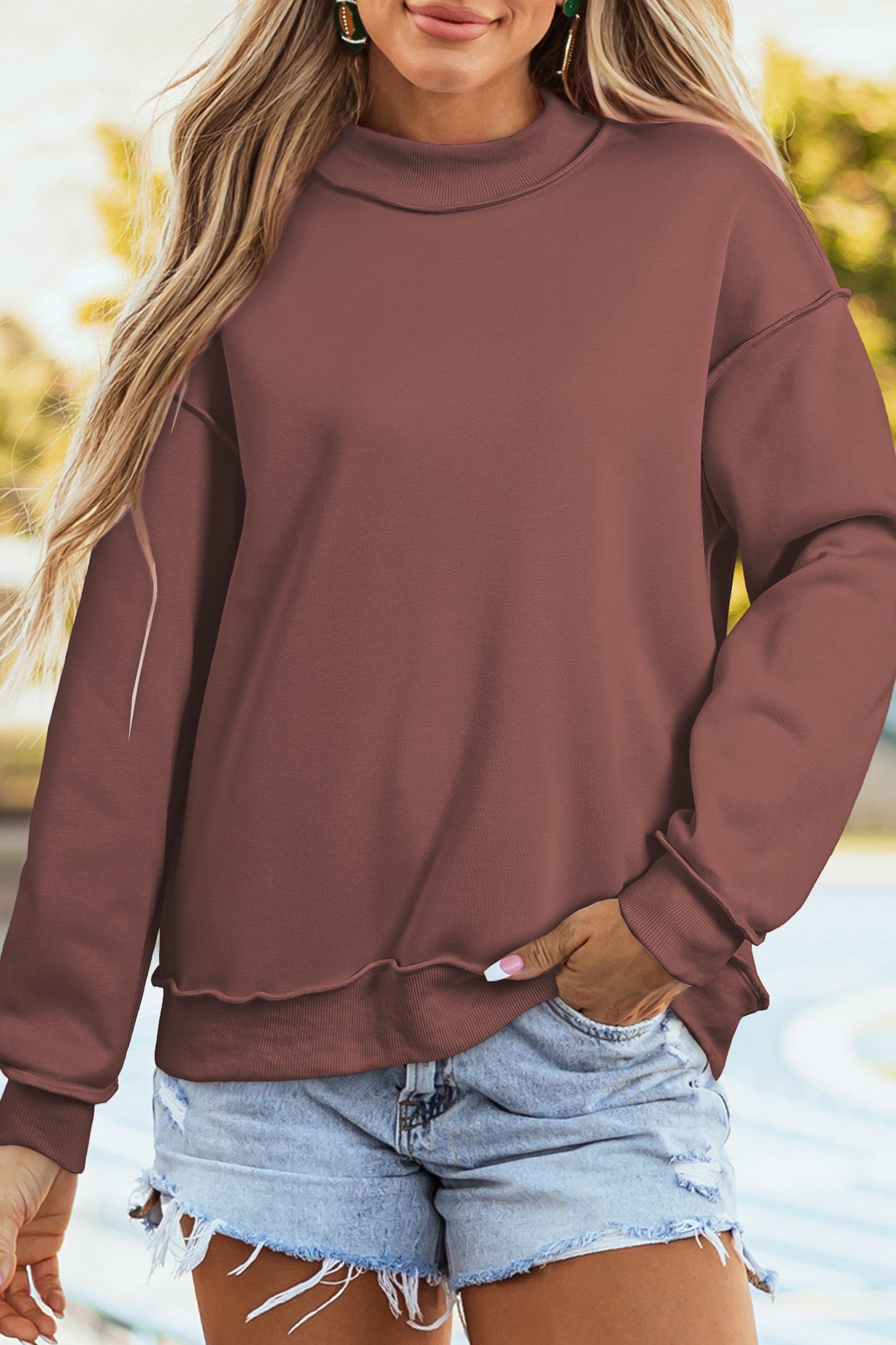 Bright Green Oversize Drop Shoulder Reversible Mock Neck Sweatshirt