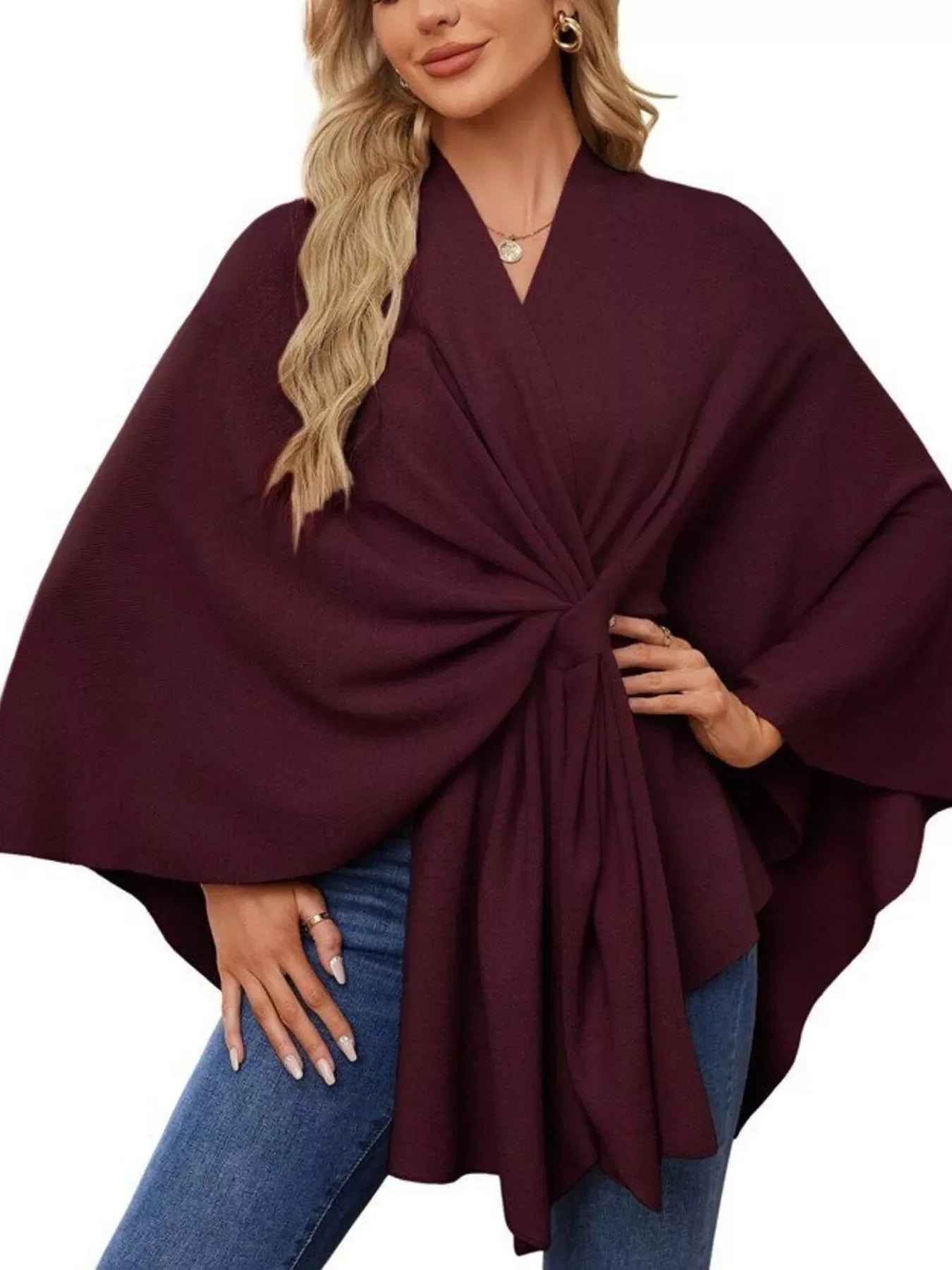 Solid Color Tie-Front Knit Cape Top