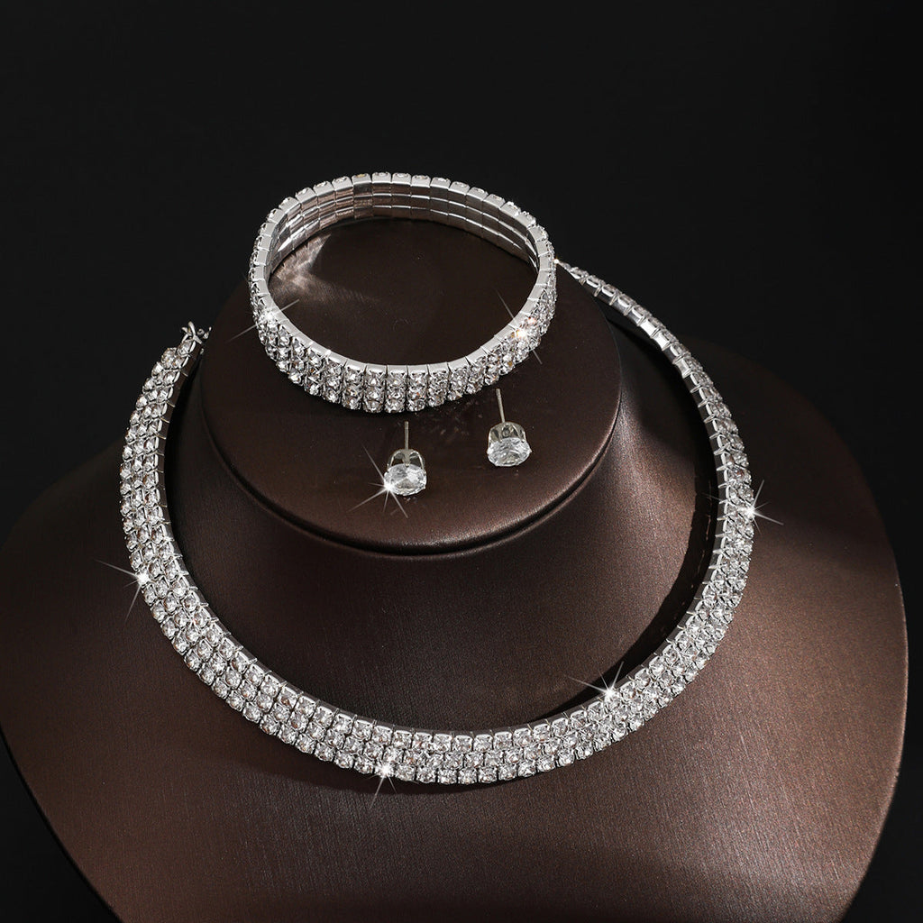 European And American Cross-Border Jewelry Three-Row Rhinestone Necklace Zircon Earrings Bracelet Elastic Ring Bridal Suit Dress Accessories