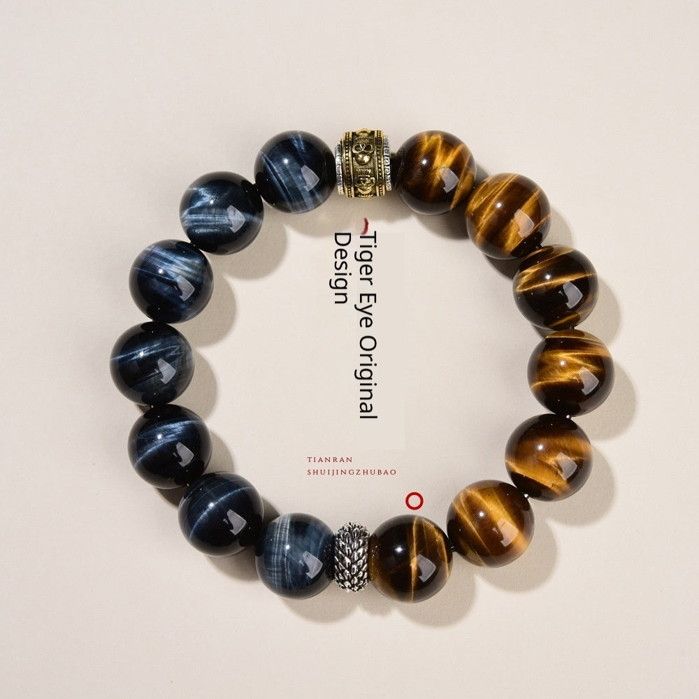 Natural 14mm obsidian and yellow tiger's eye beaded bracelet on display