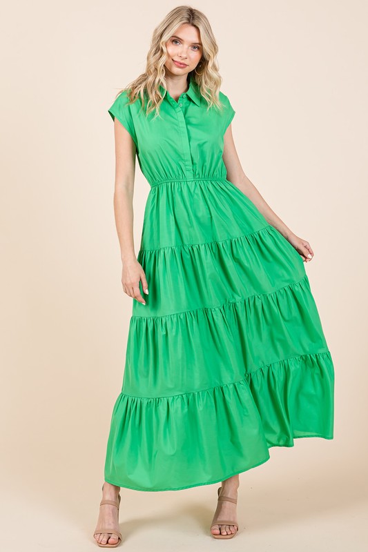 Button Up Tiered Maxi Shirt Dress with Collared Neckline