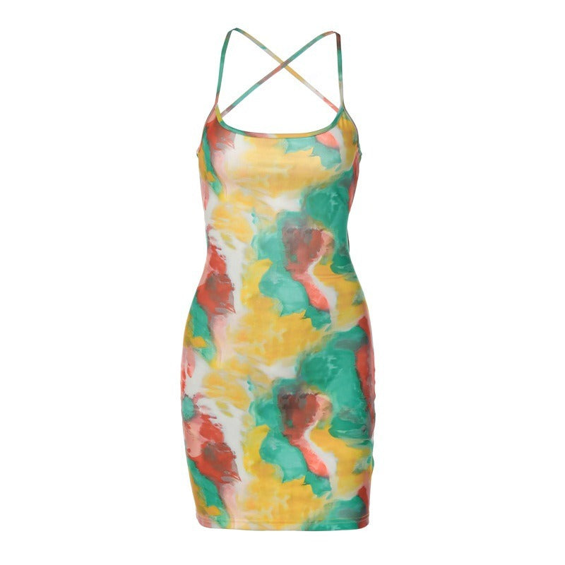 New Tie-Dye Hook-Front Bodycon Mini Dress with Straps
