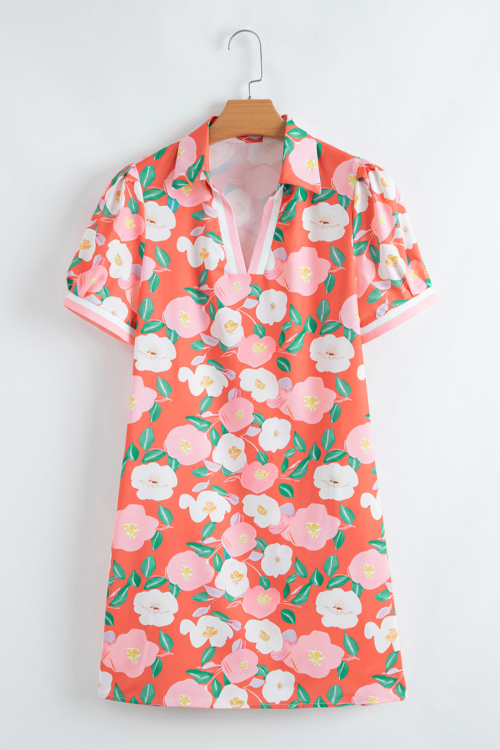 Salmon Floral Print Puff Sleeve Dress with Pop of Color Neckline