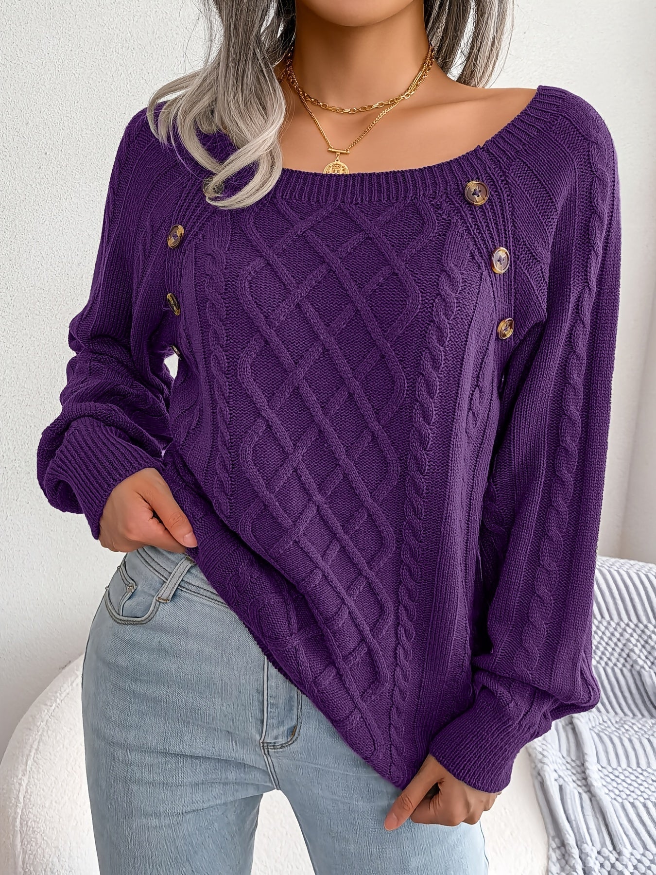 Women's Textured Cable Knit Sweater with Decorative Buttons - Image 2