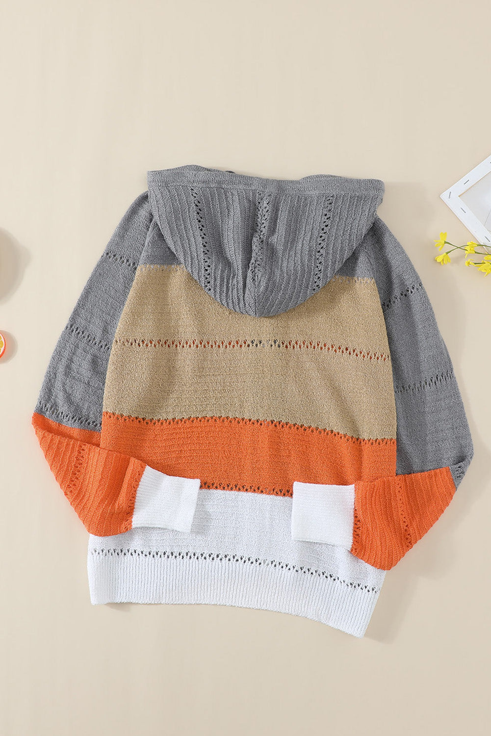Multicolor Zipped Front Colorblock Hollow-out Knit Hoodie