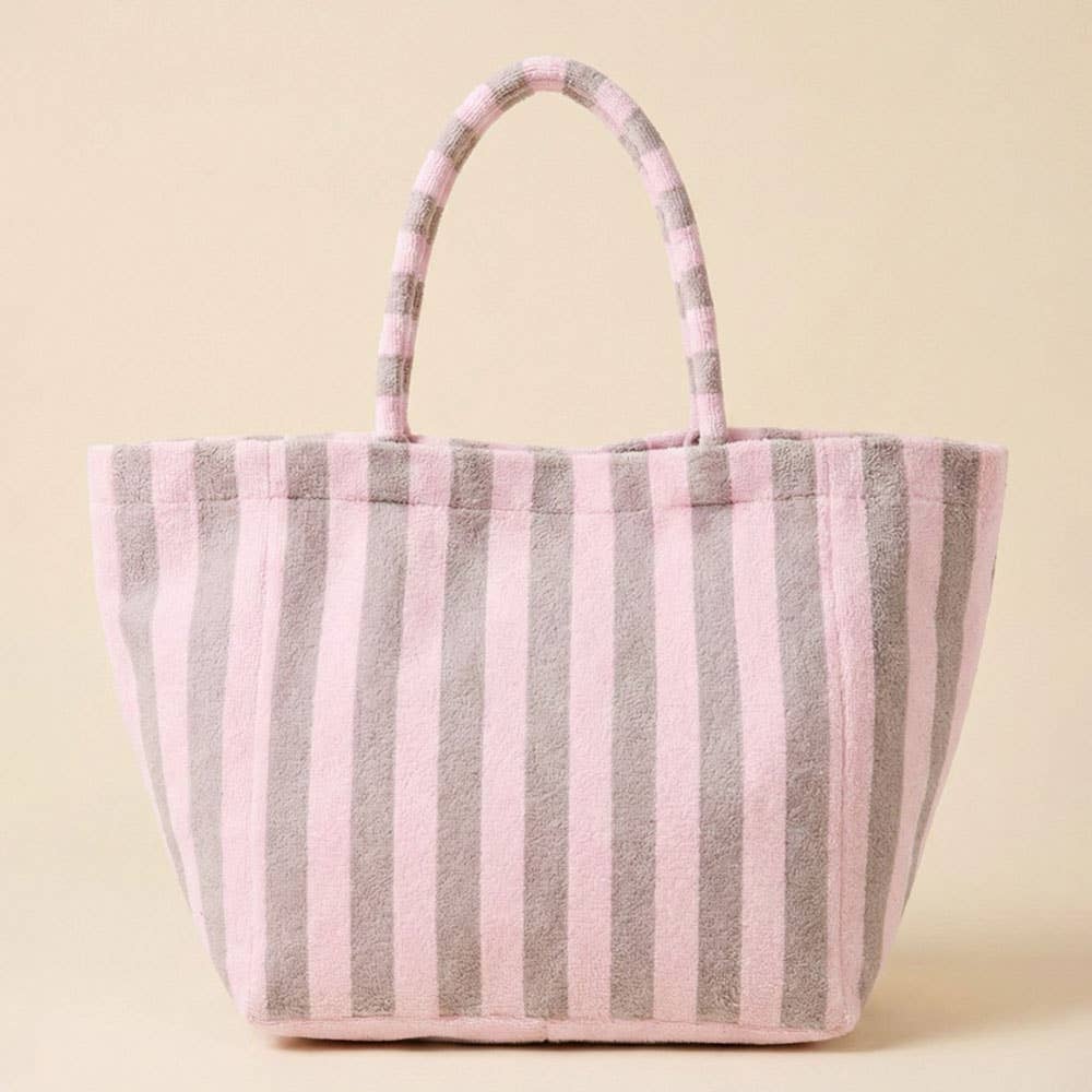 Oversized Striped Terry Beach Tote in Pink & Grey
