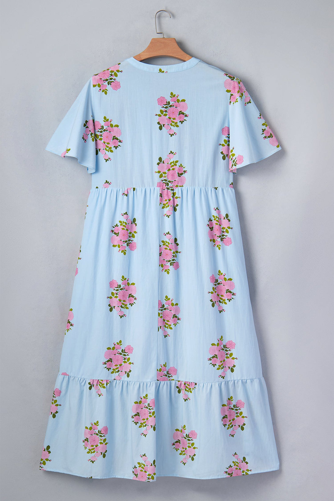 Floral Scalloped Trim V-Neck Maxi Dress in Light Blue and Pink