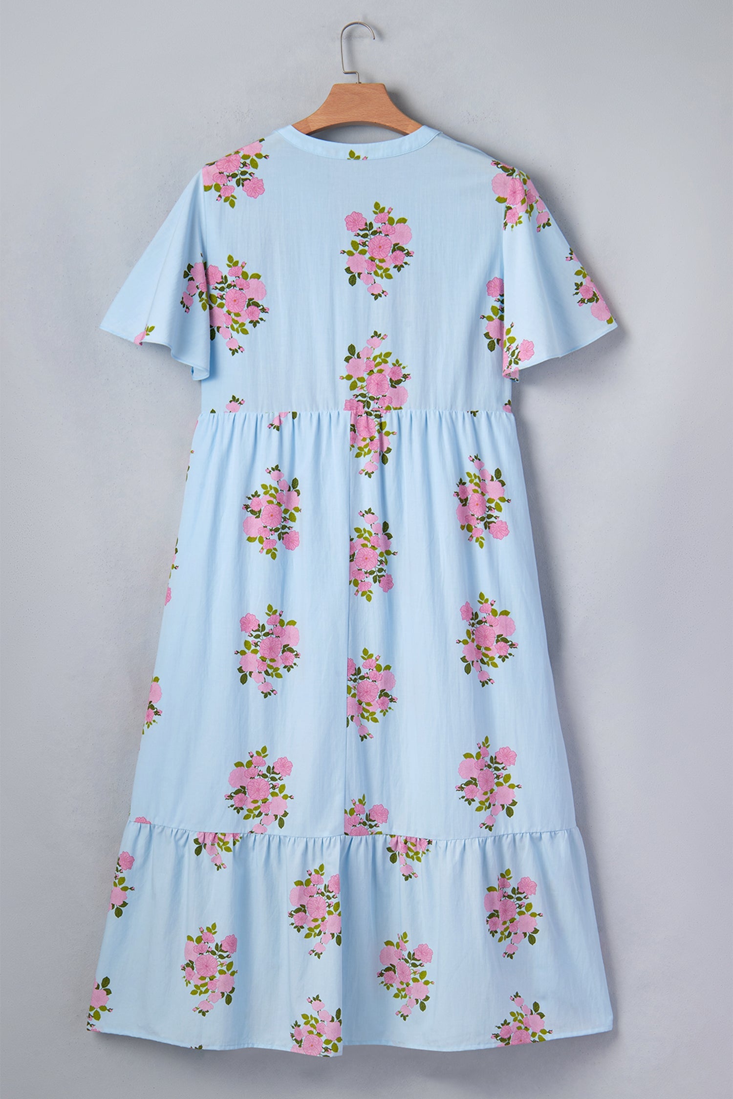 Floral Scalloped Trim V-Neck Maxi Dress in Light Blue and Pink