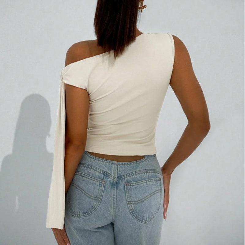 White One-Shoulder Asymmetrical Tie-Shoulder Going Out Party Top