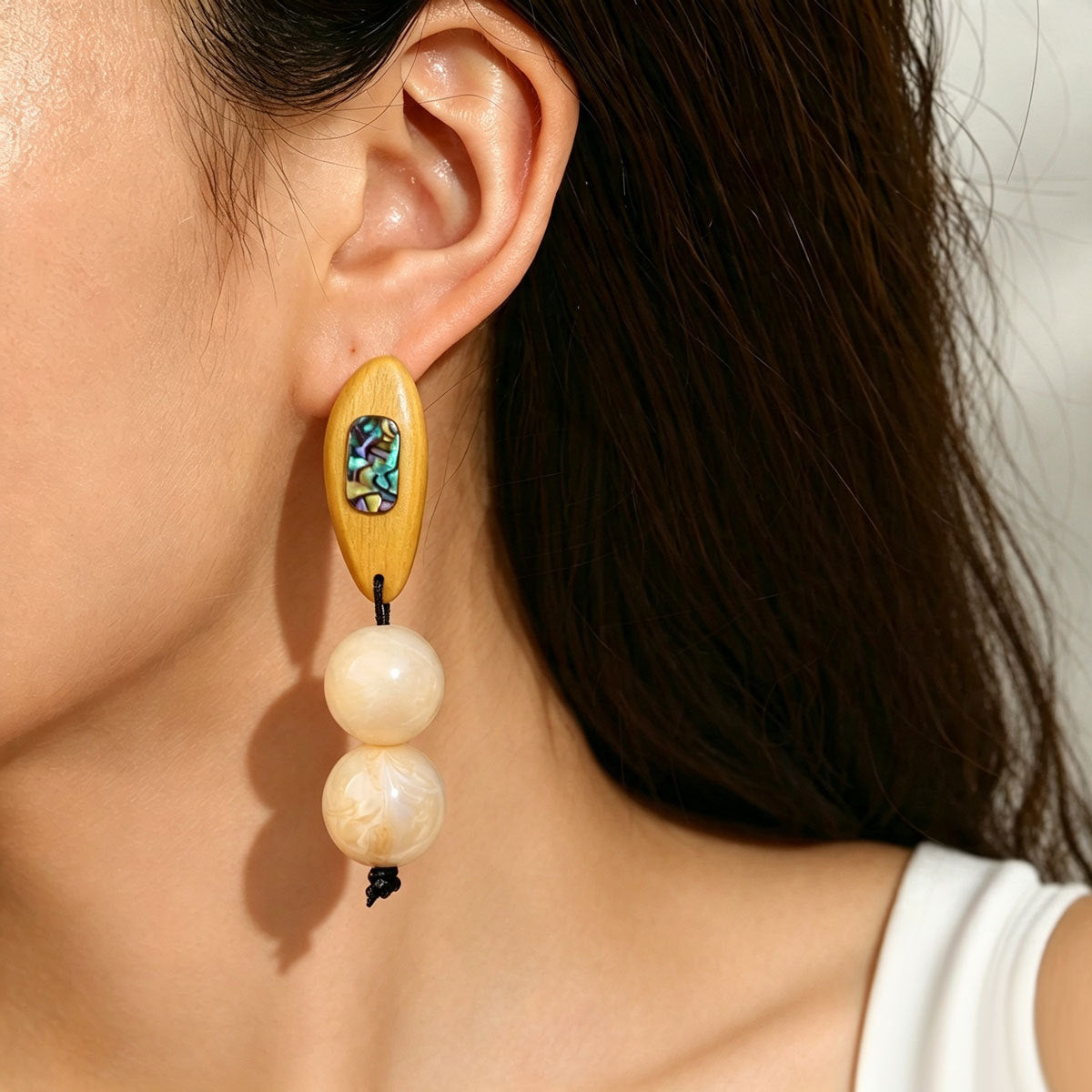 Women Wood Faux Abalone Shell Double Faux Pearl Drop Earrings, Boho Earth Tone Lightweight Vacation Statement Jewelry