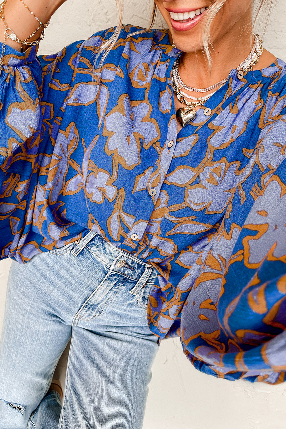 Blue Floral Print Batwing Sleeve Buttoned Shirt