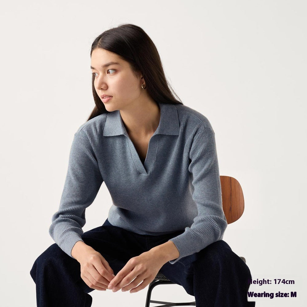 Women’s Ribbed Half-Open Collar Sweater in Taupe - Image 4