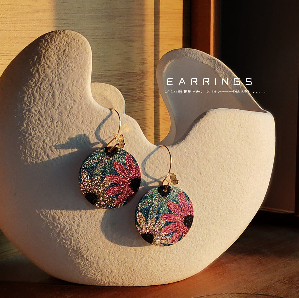 Real Gold-Plated Round Geometric Statement Earrings With Butterflies And Flowers