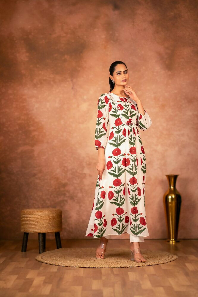 Red Rose Floral Hand Block Printed Cotton Kurta Pant Set